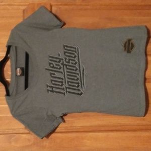Harley Davidson woman's size M shirt sleeve Tee w multiple logos, metallic foil